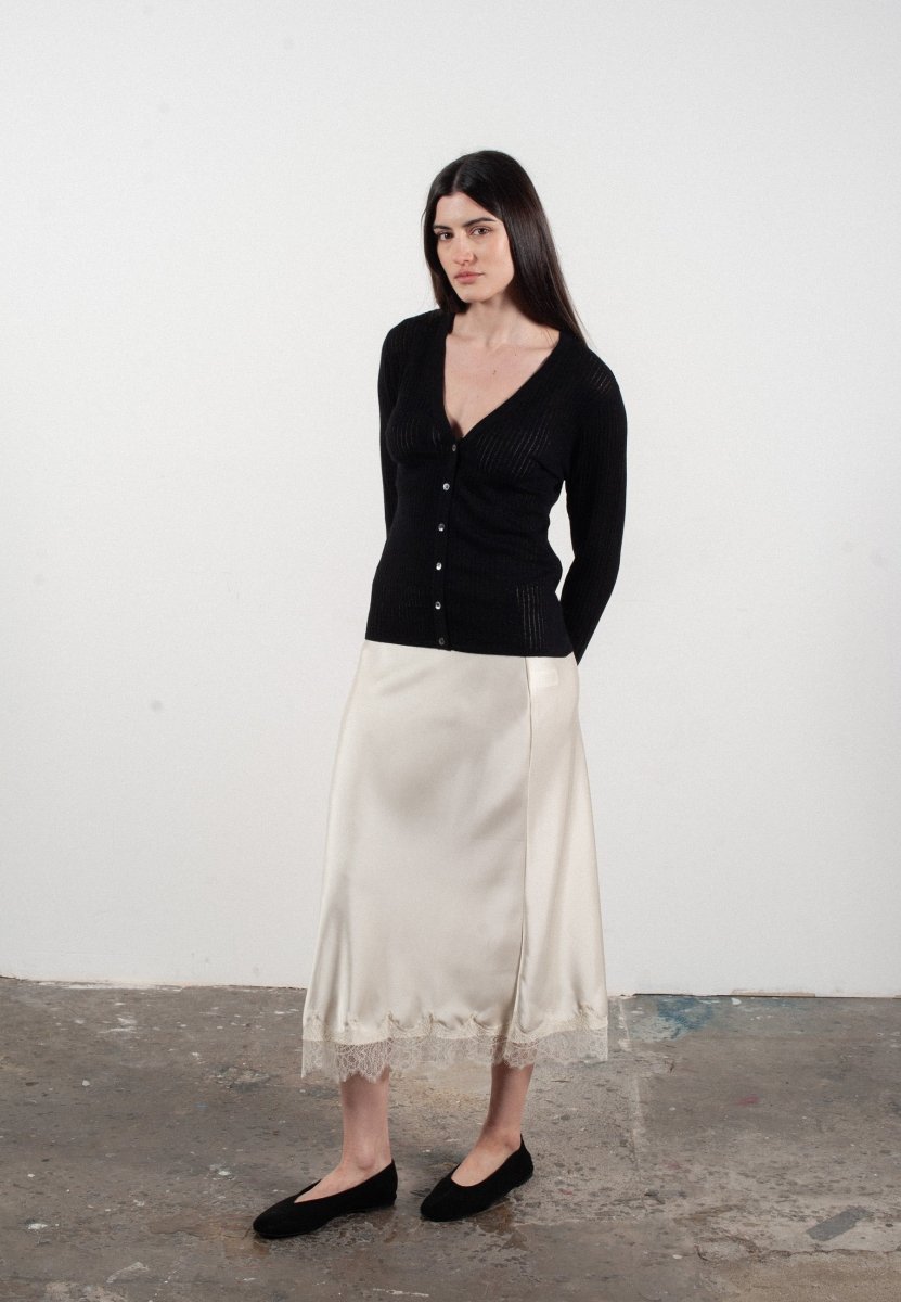 Cardigan col V femme en cachemire et laine ajouré ultrafin noir - FRIDA 3